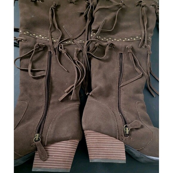 Anthropologie Mojo Moxy “Frilled” Brown Fringe Knee-High Boots 8.5 Boho Western - Picture 12 of 14